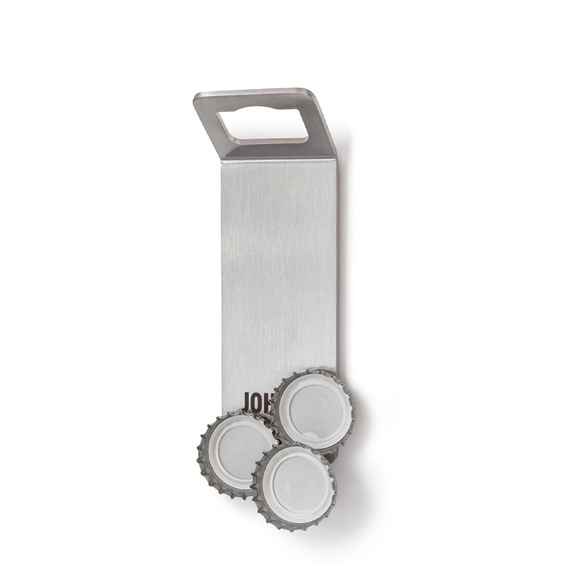JOHNNY CATCH Magnet Bottle Opener silver An image showing a bottle opener with two bottles in it, with the JOHNNY CATCH Magnet.