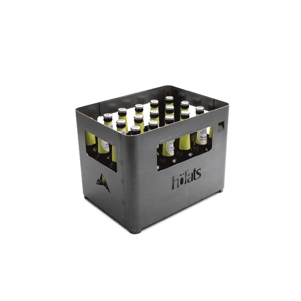 A black crate with six bottles of beer the Beer Box Firebasket complements the moment with its thoughtful design.