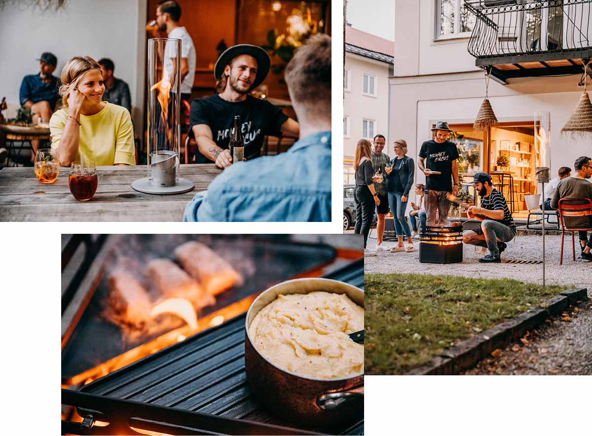 Illustration d'un collage de personnes profitant autour d'un brasero, avec la valeur totale de la réduction.