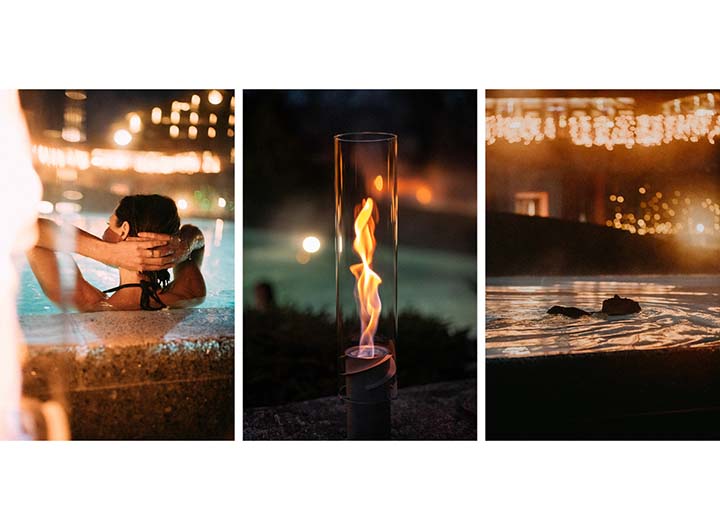 An image showing a woman is sitting in a hot tub with a fire, with the Atmospheric image Christmas for Console.