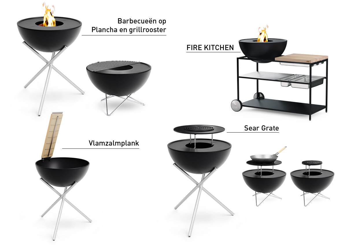 De Bowl accessoires worden getoond als een barbecueset met vuur en een grill, wat een stijlvol en toegankelijk beeld creëert.