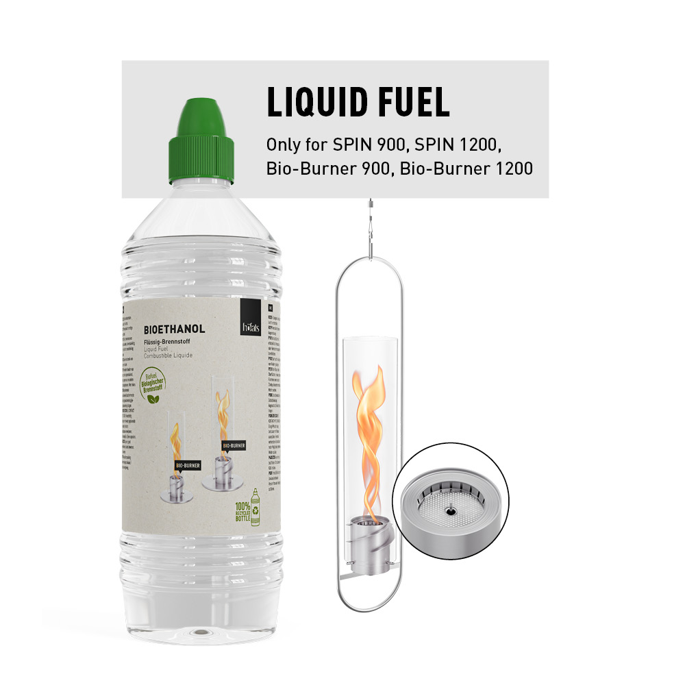 a bottle of liquid bioethanol and a SPIN Hanging fire next to it