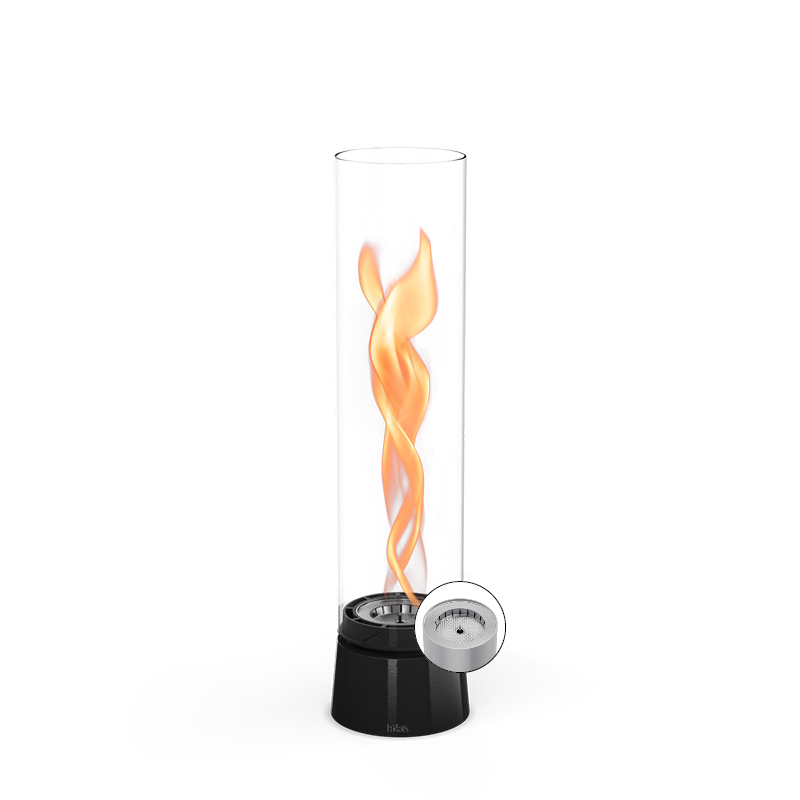 SPIN air 1200 Tabletop Fireplace enamel black A depiction of a glass cylinder with a flame inside, featuring the 00777 Spin Air 1200 Tablefire Emaille black as a central and purposeful element.