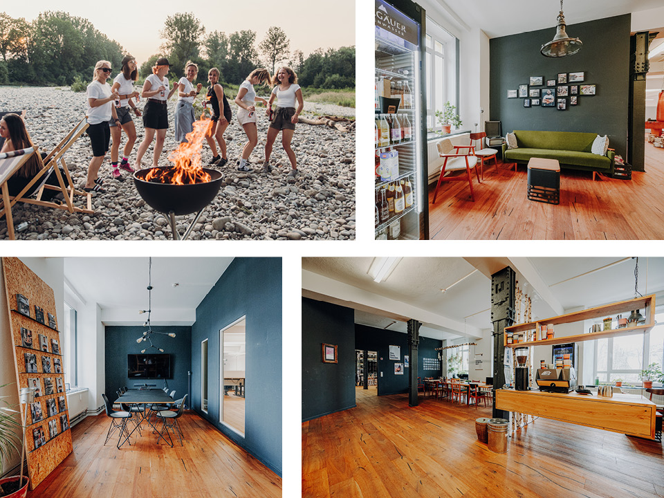 Een zicht op vier foto's van een familie die een vuurplaats heeft.