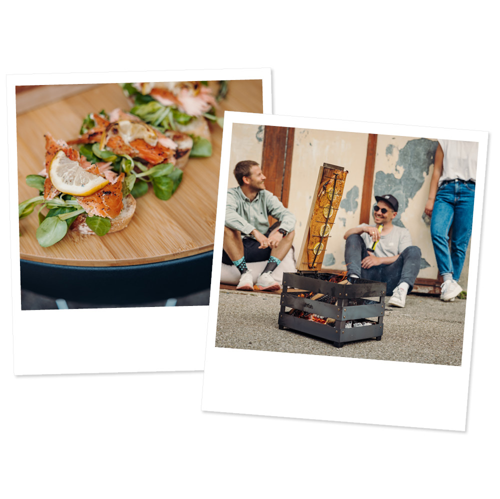 two pictures of a man cooking food on a grill.