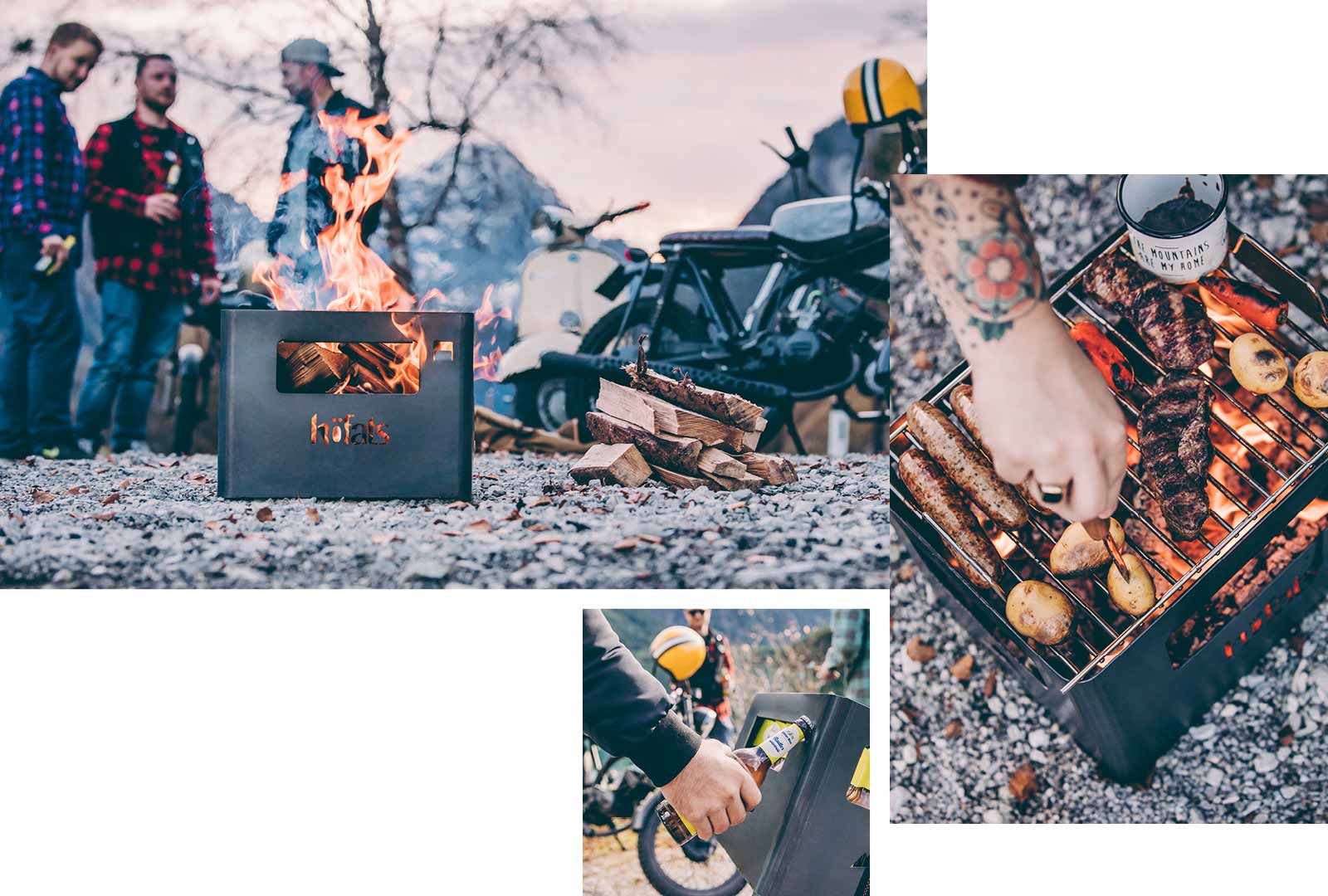 The photo presents a man is cooking food on a grill, with the BEER BOX Fire Basket.