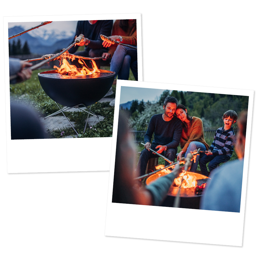 two pictures of people sitting around a fire.
