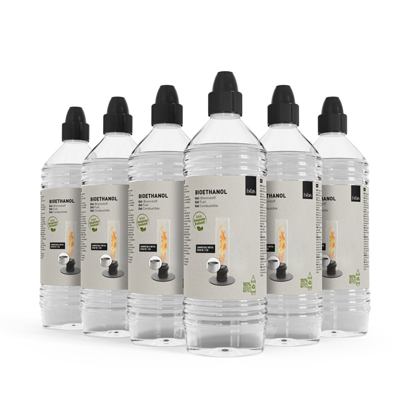 Bioethanol Gel Fuel 1l Bottle | 6-pack Scene showing a group of bottles of ethanol with a white background, where the 090801-6 Bioethanol Gel 6 Pack stands out for its practical elegance.