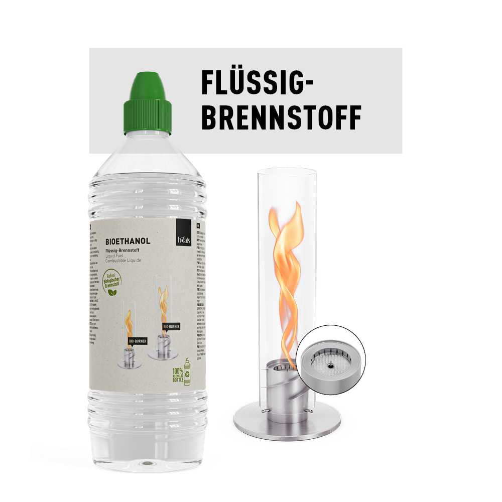 Auf dem Bild ist eine Flasche Wasser mit einem Feuer darin zu sehen, mit dem Logo des SPIN Tischfeuers.