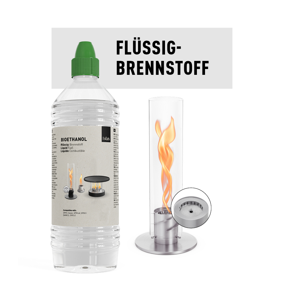 Auf dem Bild ist eine Flasche Wasser mit einem Feuer darin zu sehen, mit dem Logo des SPIN Tischfeuers.