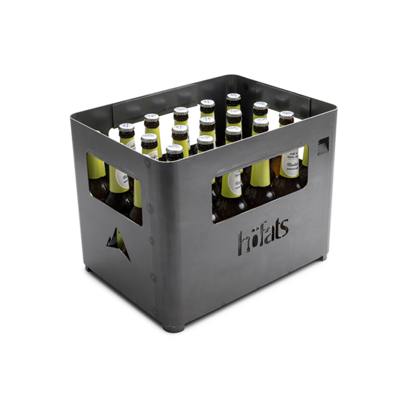 BEER BOX Fire Basket A black crate with six bottles of beer, with the Beer Box Firebasket adding a functional and elegant touch to the scene.