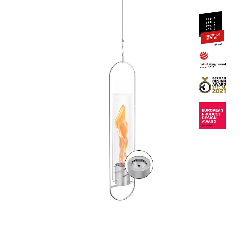 a glass cylinder with a flame inside the Spin 900 Hanging Fire complements the moment with its thoughtful design.