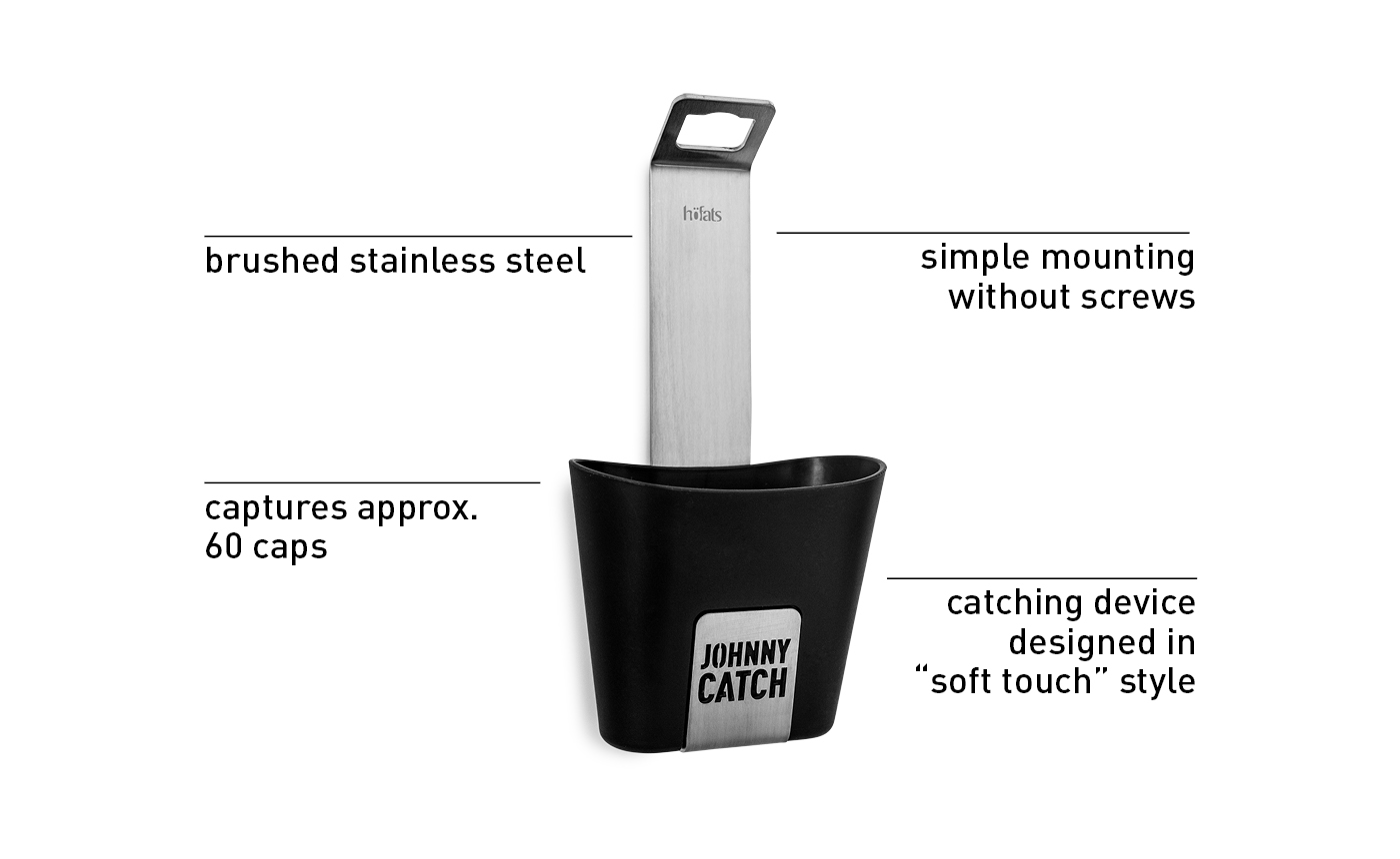 The Johnny Catch Cup Bottleopener is shown as a black bucket with steel handle and a white background